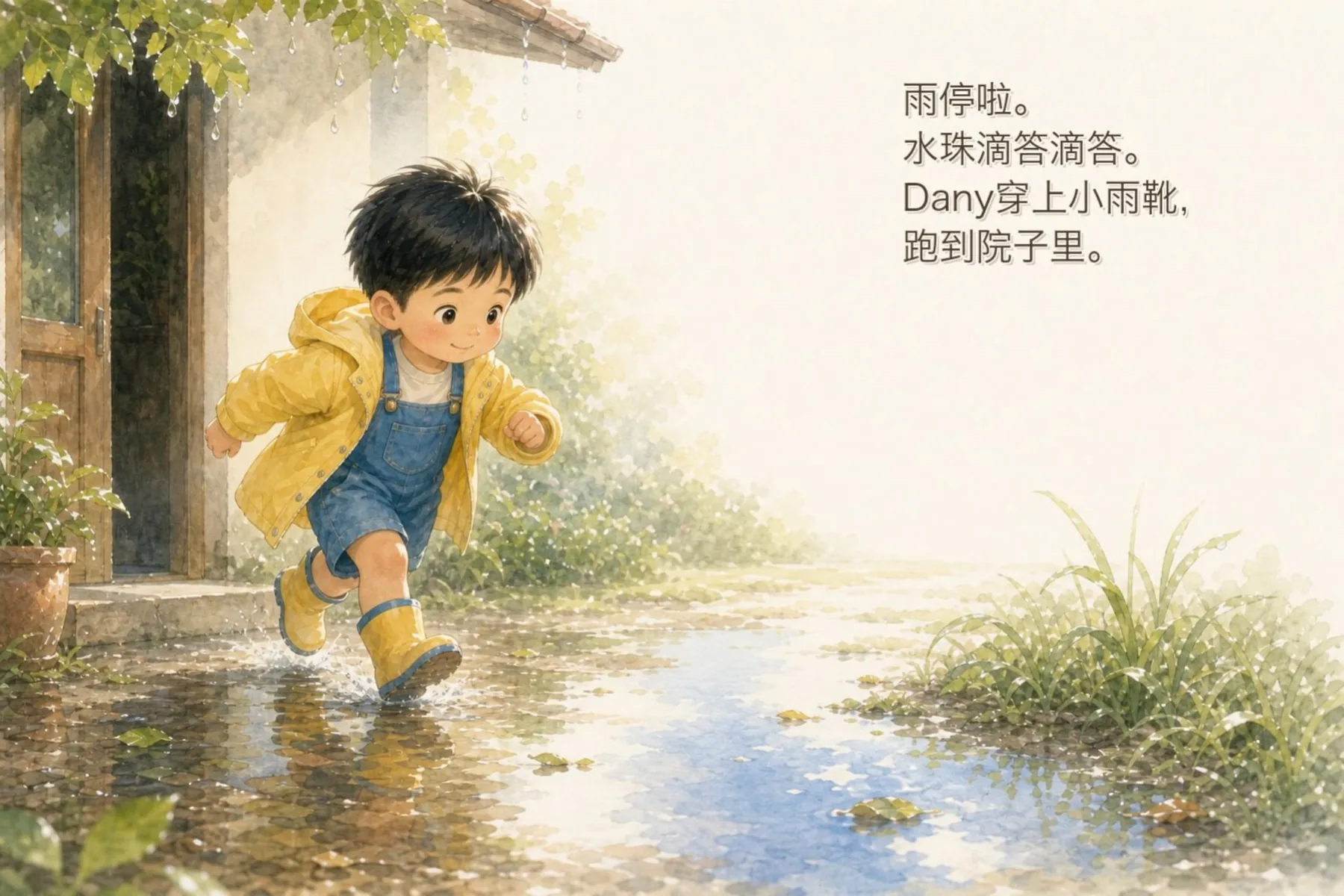 雨停后,丹尼来到门前的小水坑