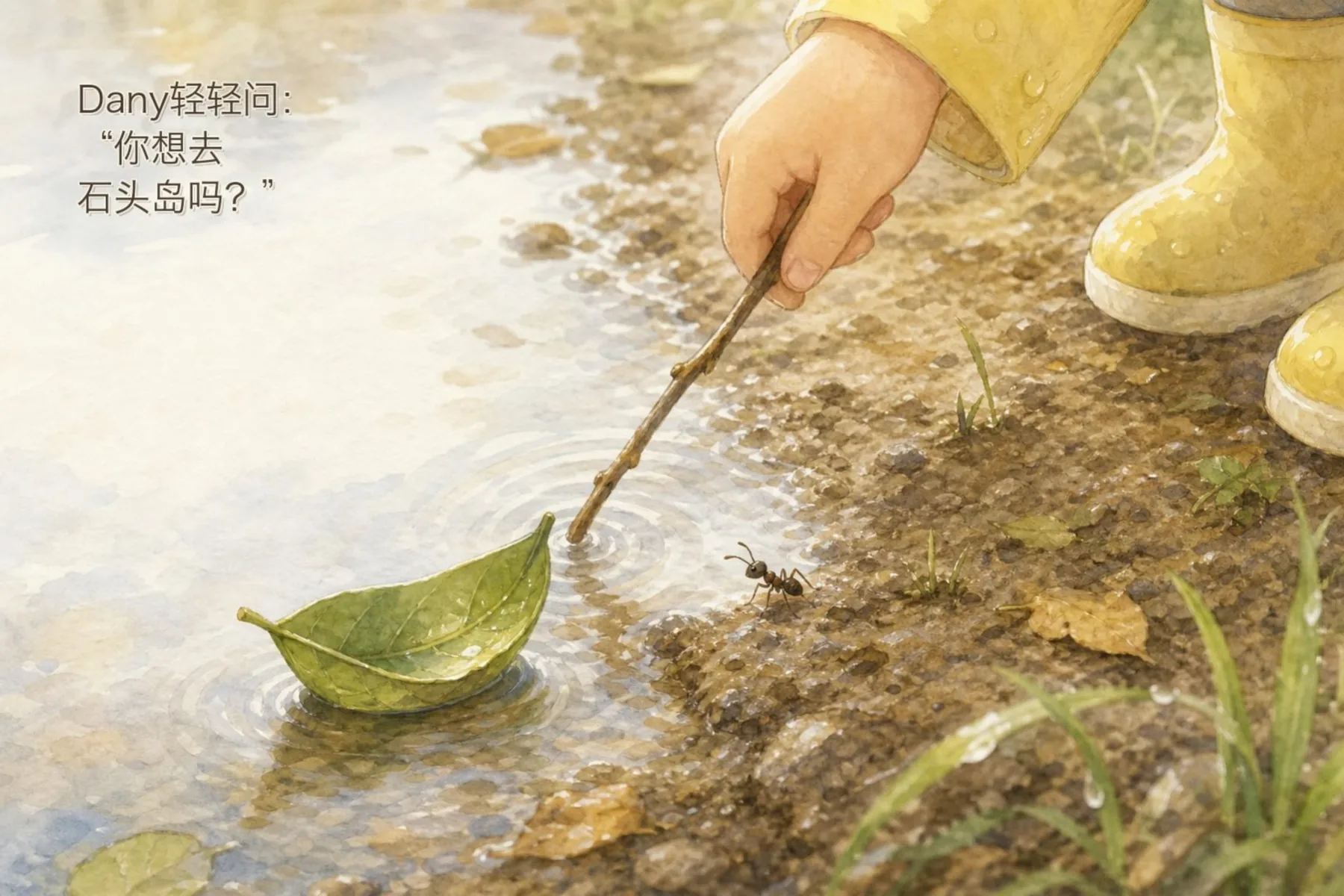 小树枝成为帮助叶子船出发的工具