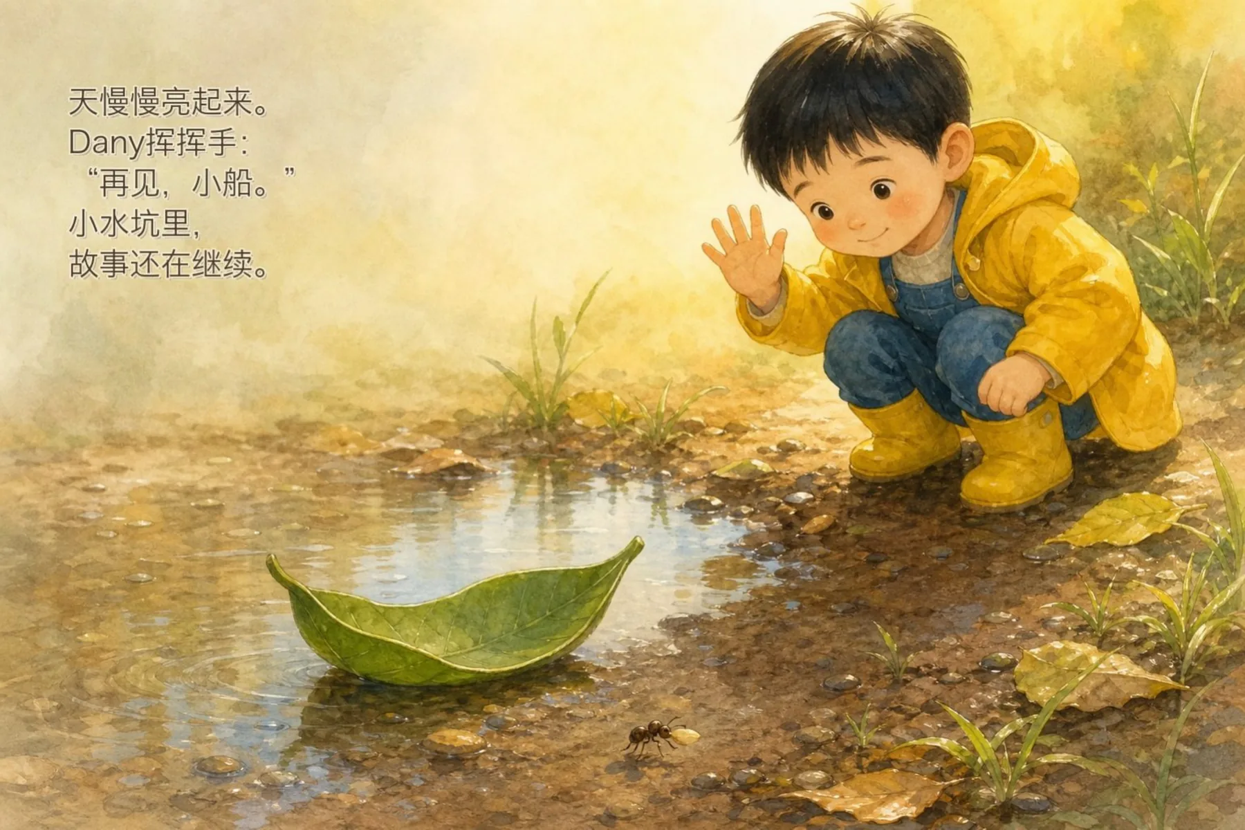 丹尼向终于出发的叶子船挥手